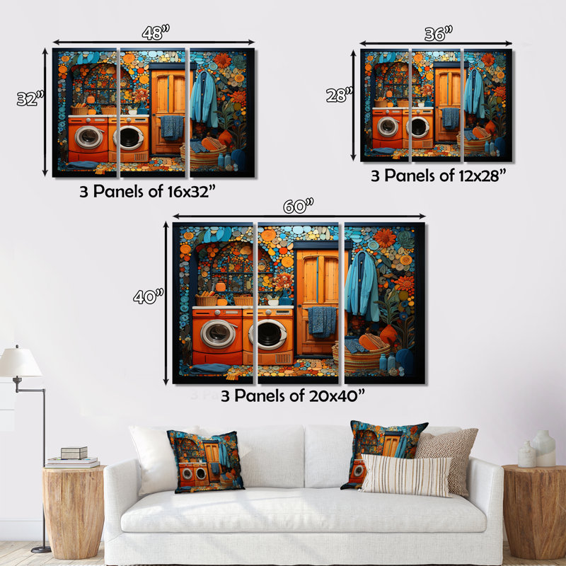 Laundry Popart Room - 3 pièces, reproduction sur toile tendue, H 40 po x l 60 po x P 1 po