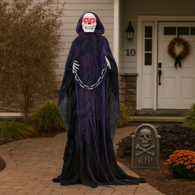 1 x Faucheuse d'Halloween animatronique de 6 pi | Son activé par le son effrayant, yeux rouges et tête / mains en mouvement, chaîne incluse | Assemblage facile, convient à une utilisation intérieure / extérieure: jardin / jardin / maison hantée / fête d'Halloween, accessoires d'Halloween effrayants