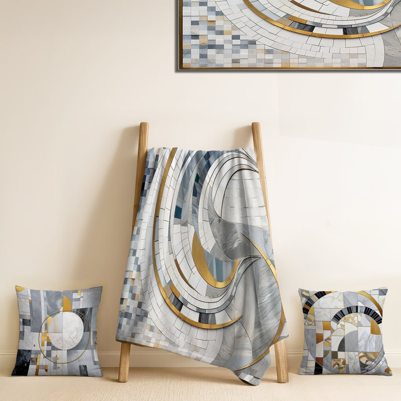 Grey And Yellow Mosaic II - Abstract Shapes Throw Blanket And Pillow Set, Throw blanket with two pillows (3-piece set)