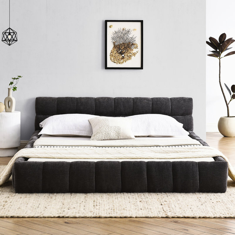 Grand lit tapissier gris foncé, chenille, uni et sans sommier requis pour le tissu de chenille de la chambre à coucher, utilisation stable