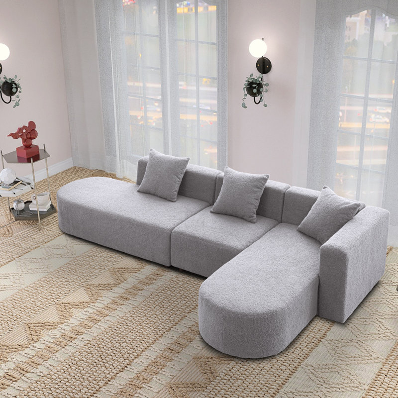 Kiamara Modern 3 - Piece 110.2" L-Shaped Sectional Boucle Curved Seat Sofa With 3 Pillows, Grey Polyester Blend