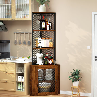 Rustic Brown 65" Corner Storage Cabinet, 6 Tier Shelves With Wine Glass Holder & Functional Design, For Living Room Cabinet Shelves, Display Shelf Magnetic Door Holder, Freestanding Room, Kitchen