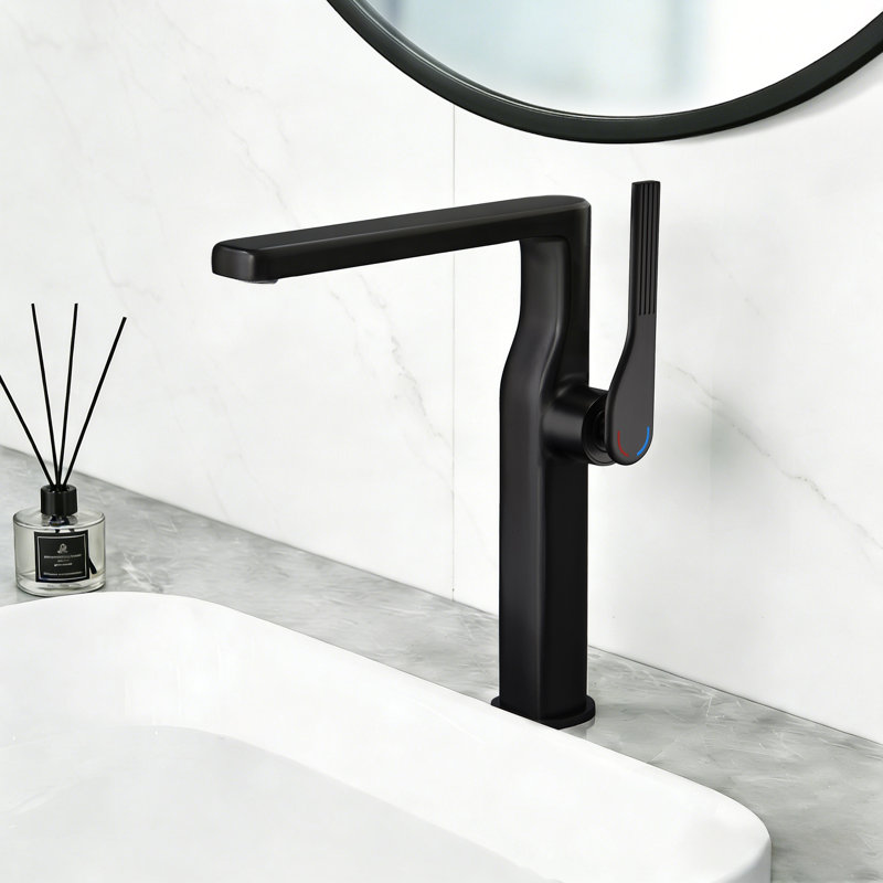 10”H Solid Brass Single-Hole Single-Handle Vessel Sink Bathroom Sink Faucet with Drain Assembly, Matte Black