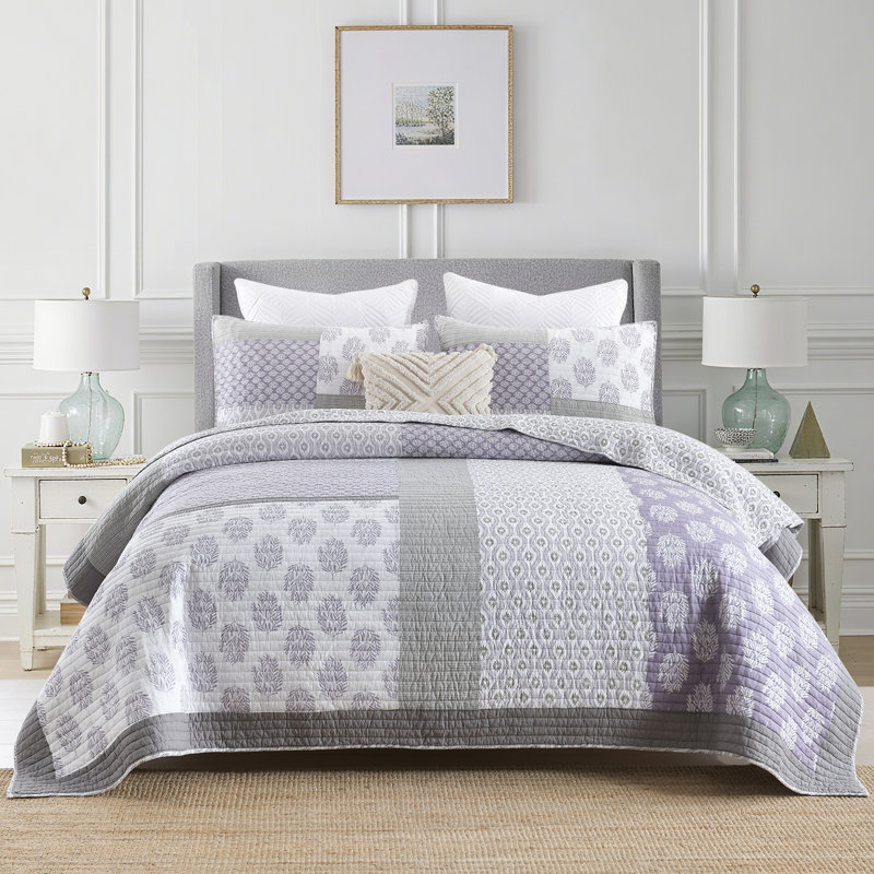 DDUOXIN 100% Cotton 98×90 inch Patchwork Quilt Sets - 1 Quilt with 2 Pillow Shams, Queen  Quilt + 2 Shams, Purple/Gray