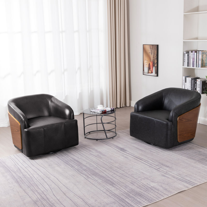 Genuine Leather Swivel Barrel Chair(Set Of 2), Vintage Black