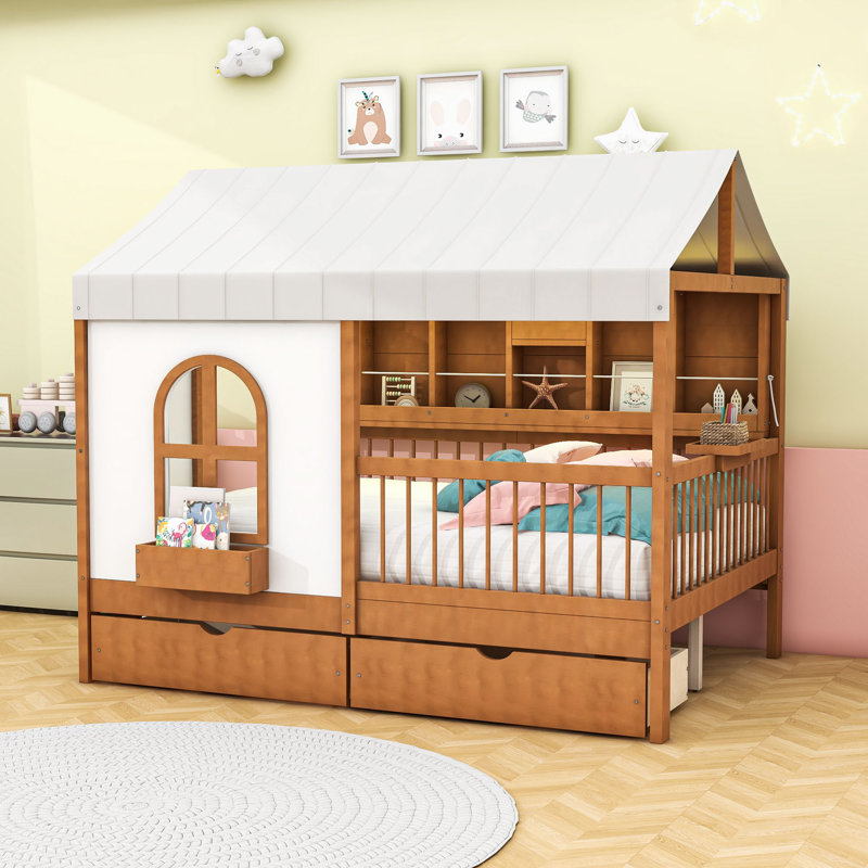 Full Size Wooden House-Shaped Bed With Charging Board, Shelf, Drawers And LED Strip, Walnut