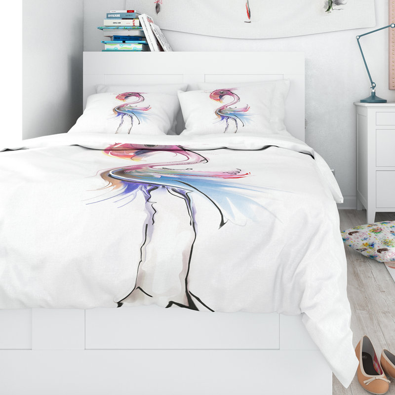 Ensemble de housse de couette designart flamant rose illustration, Housse de couette très grand + 2 taies décoratives