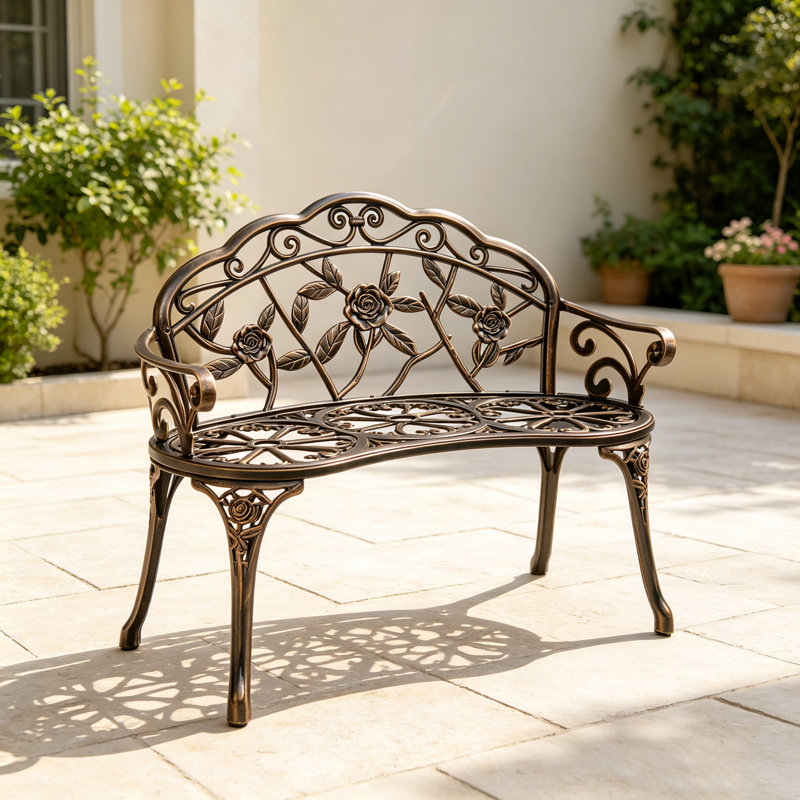 Chaise double en aluminium moulé, banc extérieur pour parc et jardin, banc double pour terrasse et balcon, bronze, Bronze