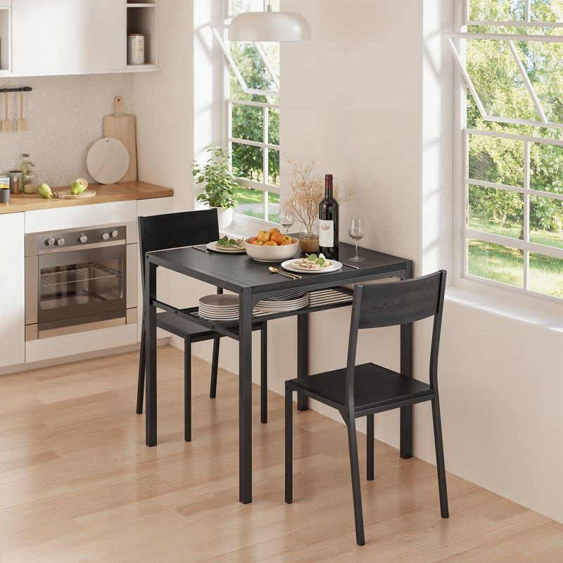 3-Piece 2-Person Dining Set with Under-Table Storage and Tuck-Under Chairs, Black, Black