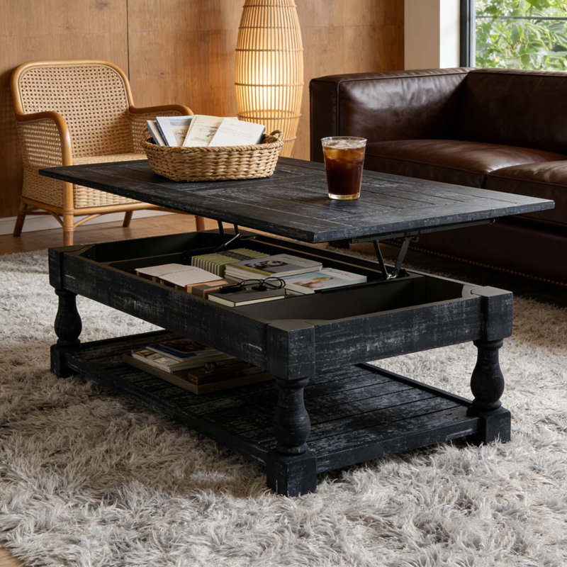 Table basse à plateau relevable avec tablette fixe Farmhouse - 3 plateaux de rangement cachés, Noir antique, Noir antique