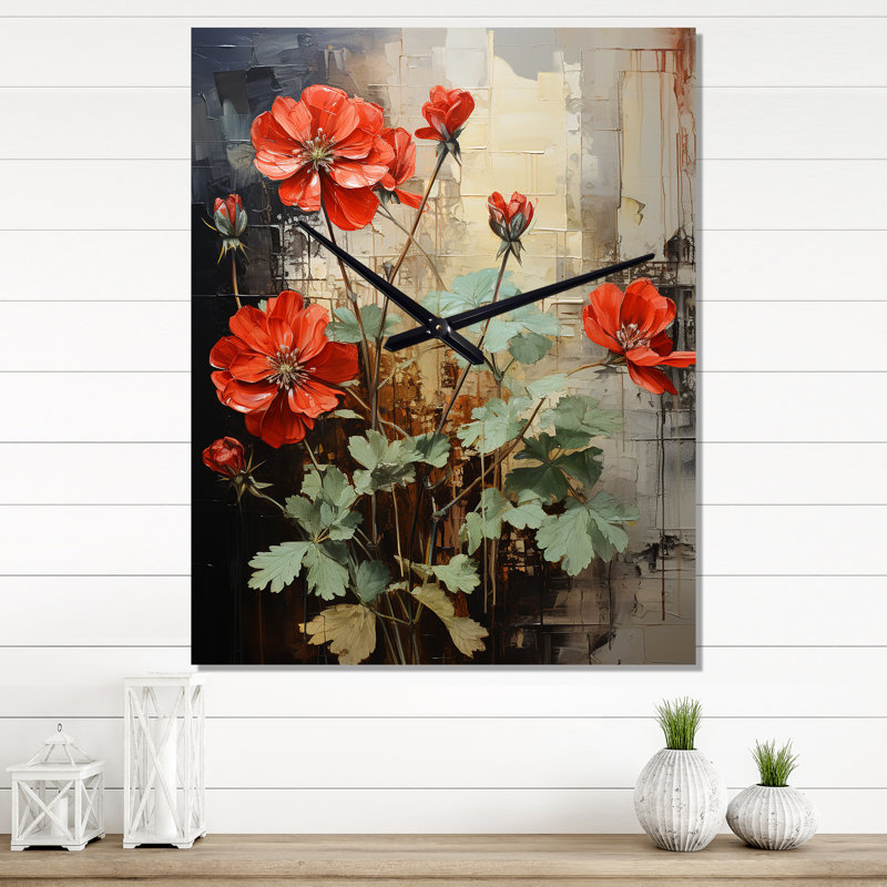 Red Geraniums Scarlet Bloom Patchwork I - Floral Modern Wall Clock, 28" H x 12" W x 1" D
