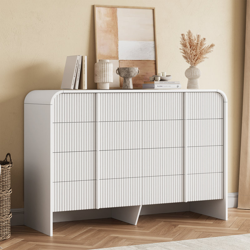 47.2” W Double Dresser with 8 Drawers, Modern Storage Organizer, Curved Profile Design, White