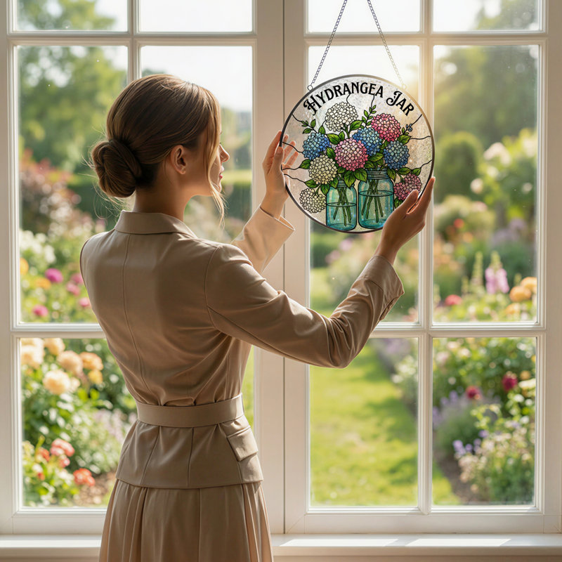 7.8"H Hydrangea Jar Stained Glass Window Panel, 7.8" H x 7.8" W