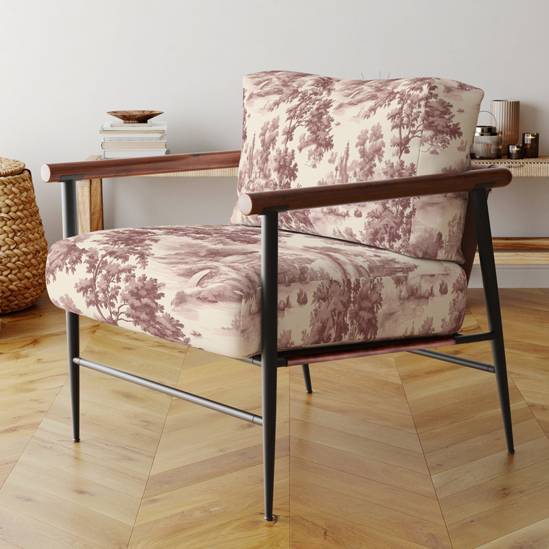 Chaise d'appoint French Country - Fauteuil en velours rose Blush Toile, Bras ronds bruns