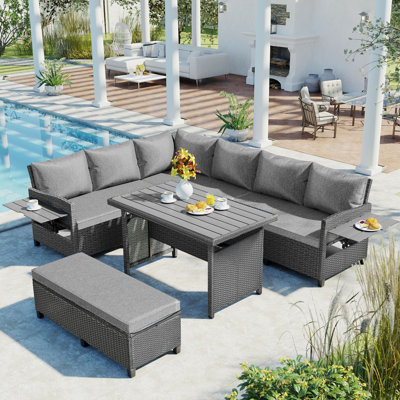5-Piece Outdoor Patio Rattan Sofa Set – Sectional L-Shaped PE Wicker Garden Furniture with 2 Extendable Side Tables, Dining Table & Washable Cushion Covers for Backyard, Poolside or Indoor Use