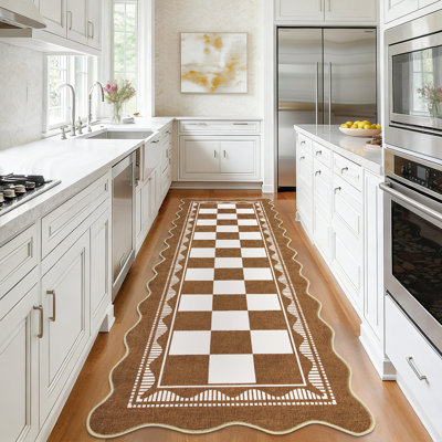Tapis de couloir 2 pi x 6 pi festonné en damier festonné, envers en TPR antidérapant, tapis à bordure rétro pour vestibule d'entrée de cuisine