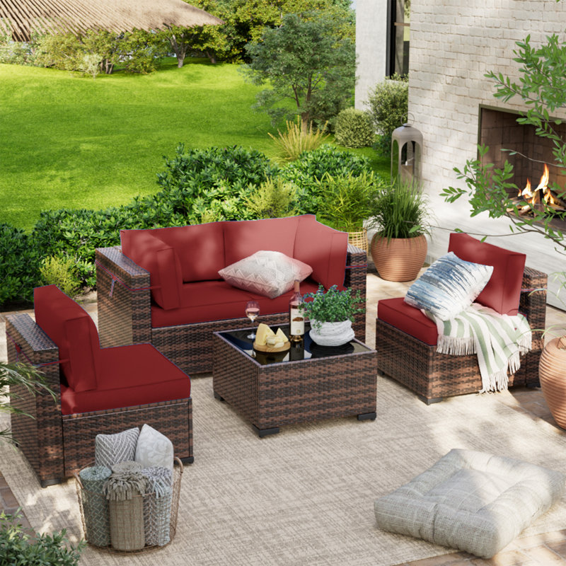 Wicker 4 - Person Modular Patio Conversation Set with Cushions, Wine Red