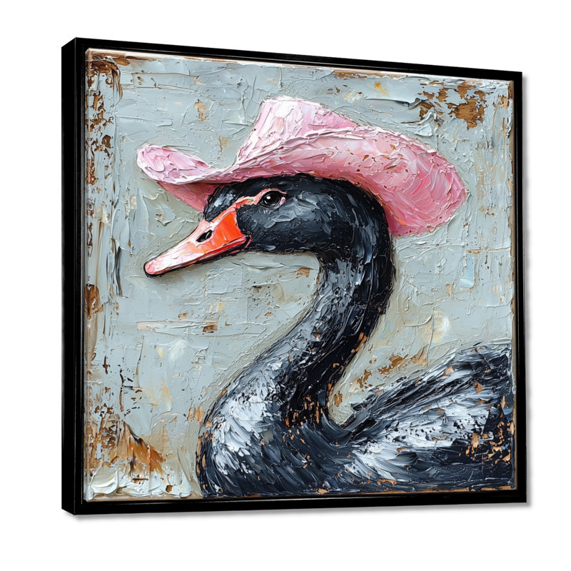 Un cygne noir portant un chapeau de cowboy rose II - cygnes, art mural, Impression encadrée flottante, Noir
