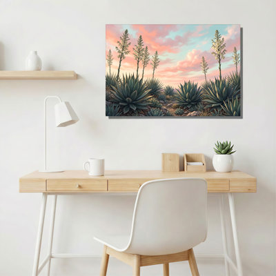«Green Agave Plants» avec de grandes fleurs blanches au coucher du soleil, art mural