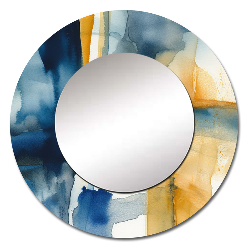 Bleu et or Fusion V - décor de miroir mural unique, grand miroir rond moderne, art imprimé en métal, 36 po x 36 po