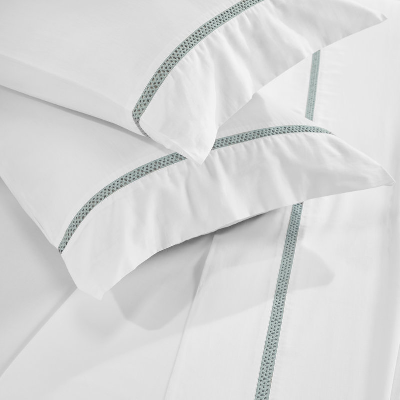 Ensemble de draps en coton Riverton , Ensemble de draps pour très grand lit avec 2 taie, Blanc / bleu sarcelle clair