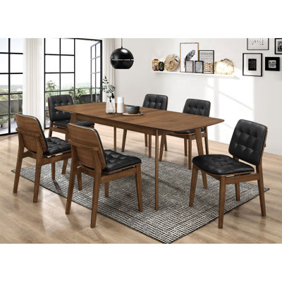 7 Dining In Rectangular Form, Natural Walnut Table With Reverse Beveled Design, Black Cushioned Chairs, Removable Leaf For Expansion Room 7, , Wood Ta