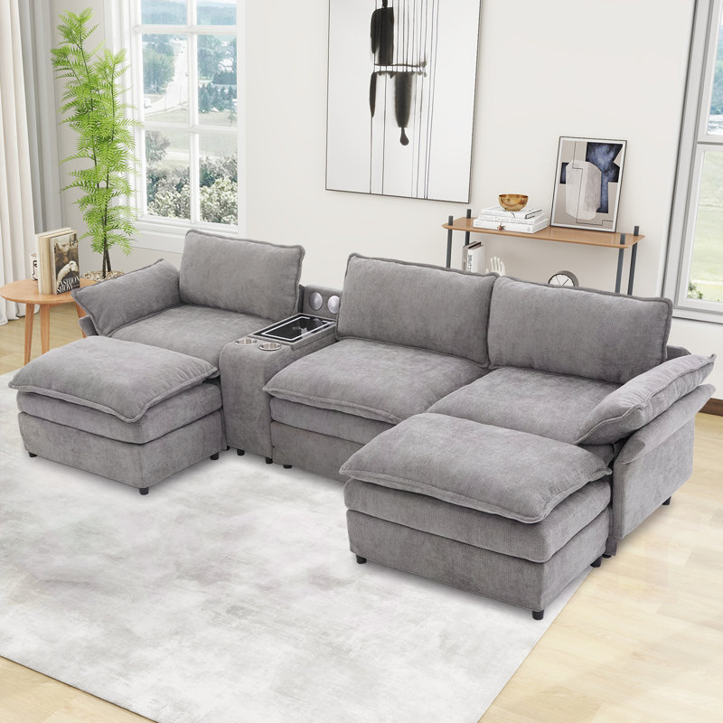 Enn 124 "W Modular Sectional, Wireless Charge, Blue Tooth Speaker, Double-layer Cushion, Light Gray Chenille