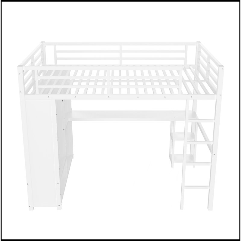 Lit mezzanine grand format avec garde-robe intégré, lit mezzanine en métal avec bureau et tablettes de rangement, blanc