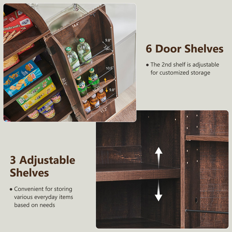 71" Tall Modern Arched Bathroom Storage Cabinet, Fluted Storage Cabinet w/3 Adjustable Shelves, 6 Door Shelves, Brown