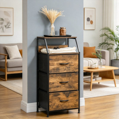 Rustic Brown Industrial 3-Drawer Fabric Chest of Drawers, Freestanding Storage Unit with Open Display Shelves, Heavy-Duty Organizer Dresser for Living Room, Bedroom and Entryway Daily Use