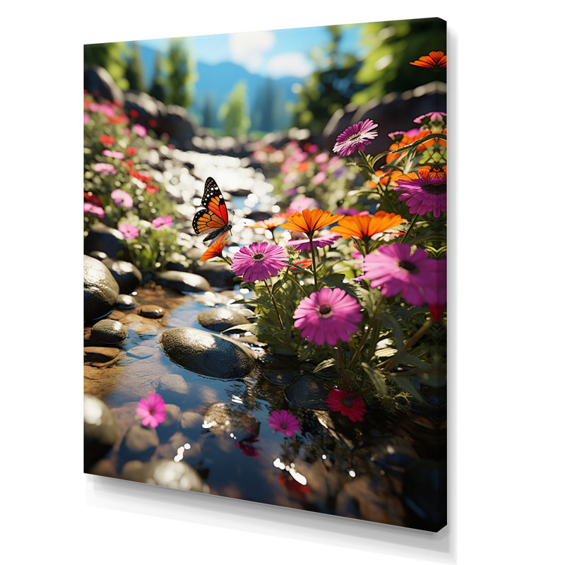 " Orange Monarch Butterfly Flowerful Stream ", Wrapped Canvas, 40" H x 30" W x 1.5" D