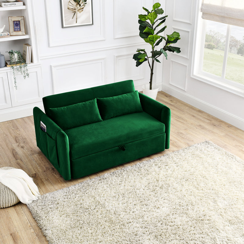 Leiyla Modern 55" Convertible Sofa Bed with Detachable Arm Pockets, Green Velvet