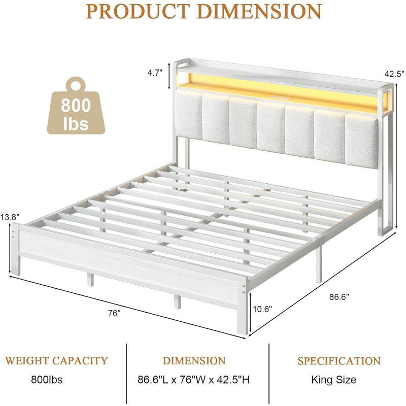 Structure de lit avec tête de lit avec rangement, lit plateforme tapissier avec station de charge et lumières DEL, lattes métalliques robustes