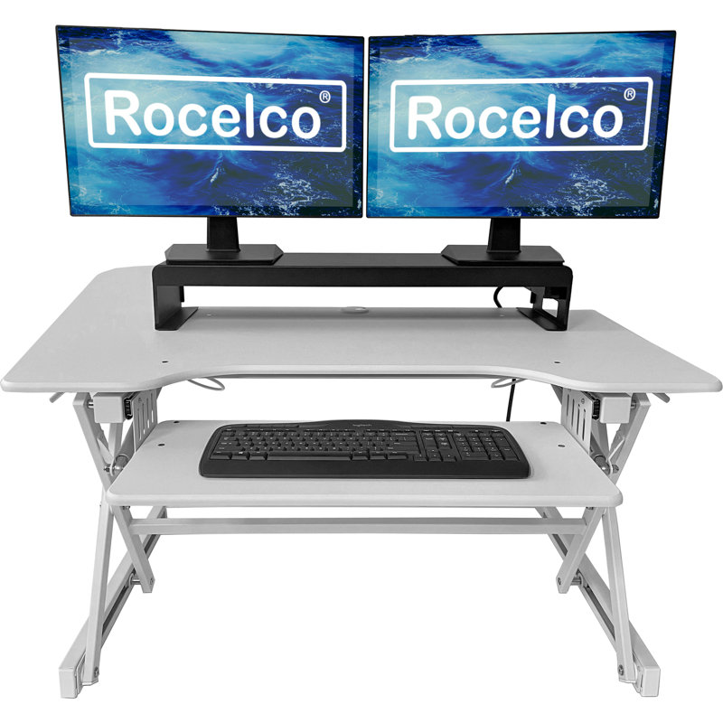  40 in. White Height Adjustable Standing Desk Converter with Dual Monitor Stand and Deep Keyboard Tray, White/White