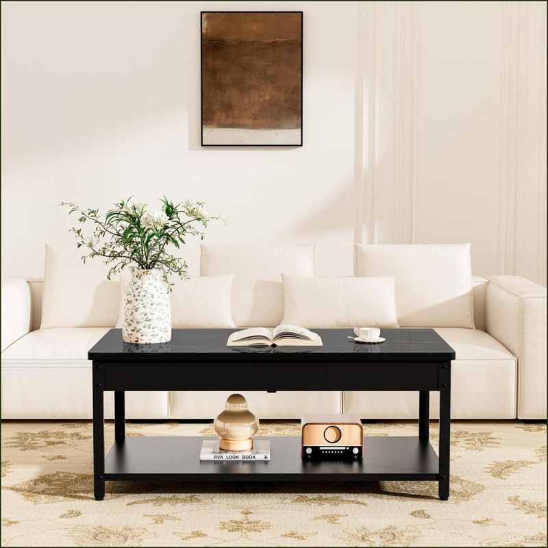 Double couche noire et amp; Table basse en marbre blanc avec rangement caché & amp; Verrou d'empreinte digitale - idéal pour le salon