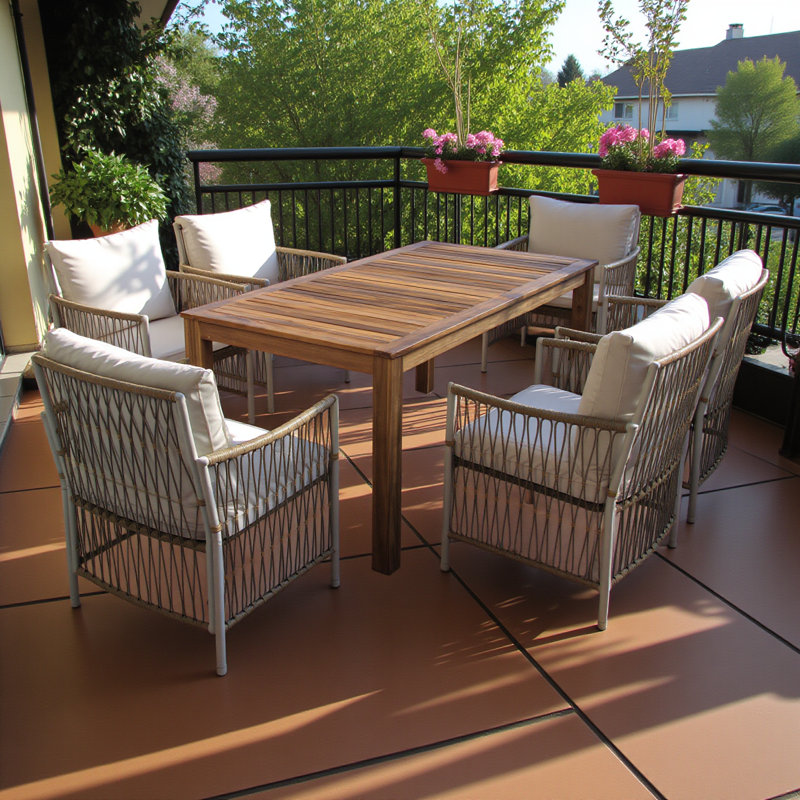 Ensemble de table de salle à manger 7 pièces en bois pour patio, table rectangulaire d'extérieur de 67 po avec 6 chaises en rotin pour piscine, cour, jardin, naturel