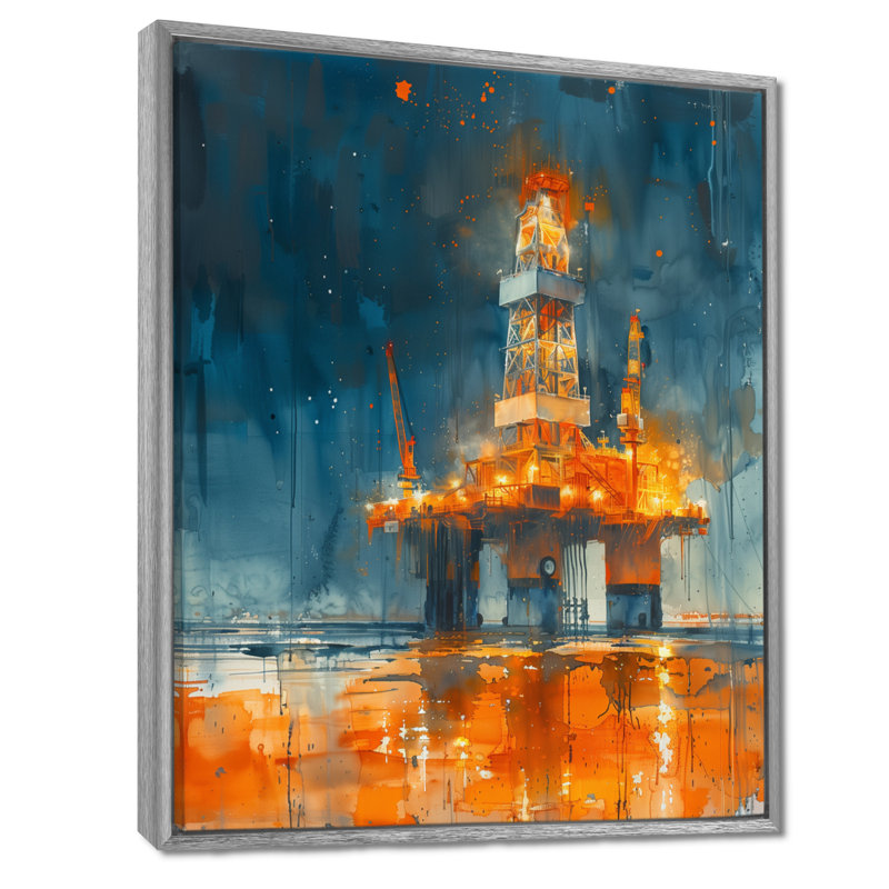 Orange orange, plate-forme de pétrole alimentant le futur, Toile argentée avec cadre flottant, H 12 po x l 20 po x P 1 po