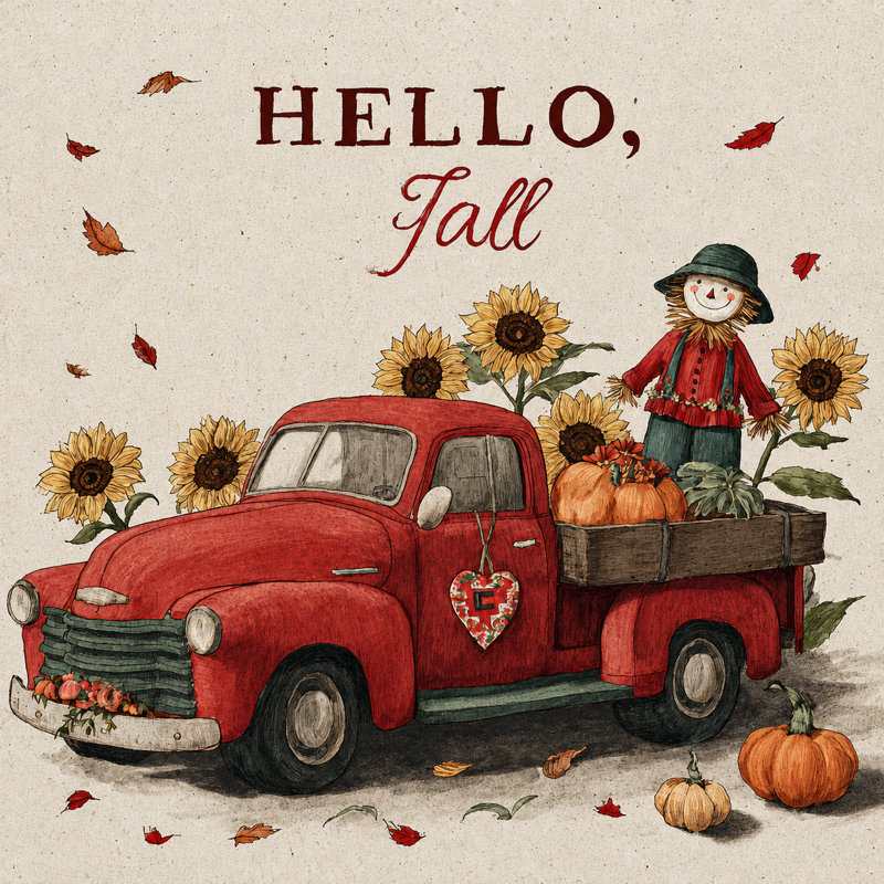 «Hello Fall», camion rouge sur toile tendue, H 20 po x l 20 po