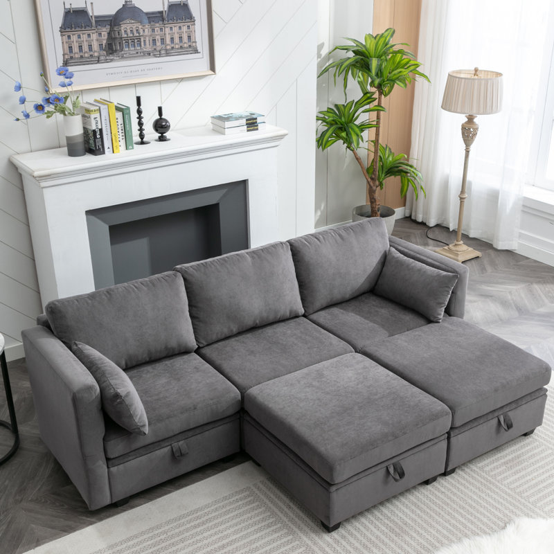 Calkins Modular Couch Sofa Storage Seats & Double Storage Ottomans, Dark Gray Polyester