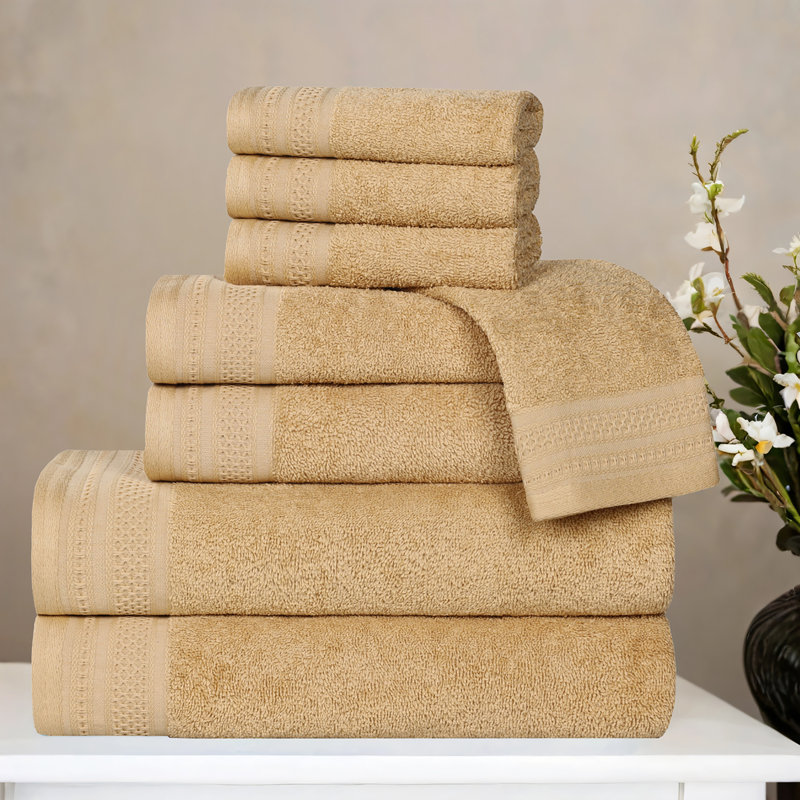 Honeycomb Textured Waffle Border Cotton Medium Weight 8 Piece Towel Set, Gold