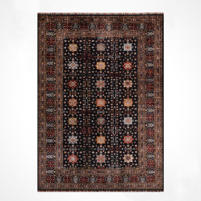 Original Hand Knotted Traditional Pattern Black Wool and Cotton Rug