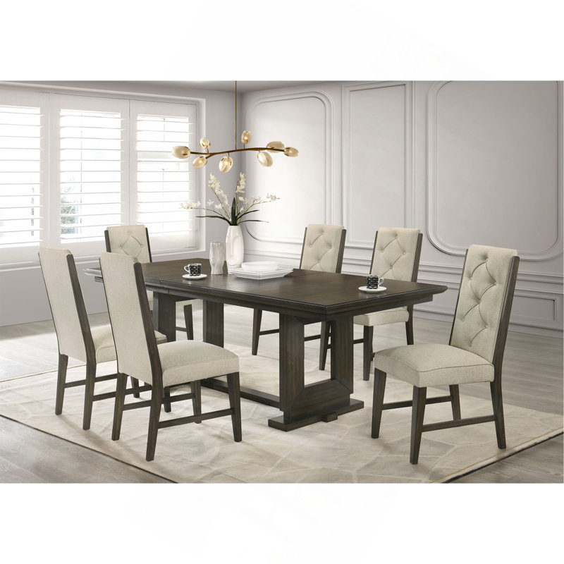 Table de salle à manger rectangulaire extensible avec base à tréteaux / piédestal, tissu beige, chaises capitonnées à boutons, meubles de salle à manger en bois, contemporain, moderne, espresso, finition brun foncé