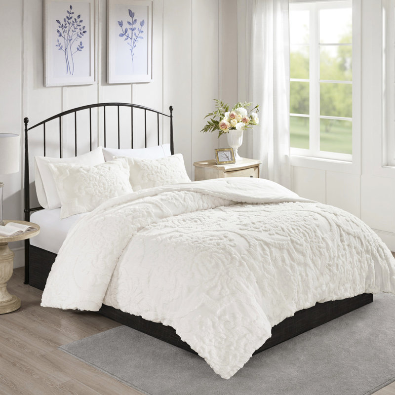 Ensemble de literie en chenille de coton 3 pièces - Édredon double / grand Shabby Chic, Blanc cassé