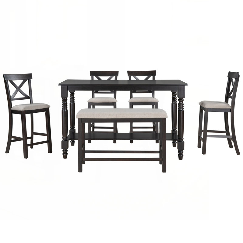 Ensemble de table de salle à manger à hauteur de comptoir 6 pièces TREXM avec 4 chaises et banc pour la salle à manger (espresso)