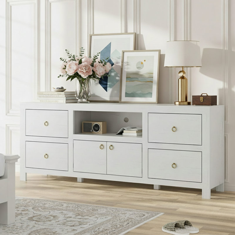 Farmhouse TV Stand for 75/80 Inch TVs, Long Entertainment Center with 6 Storage Drawers & Soundbar Shelf, White Television Consoles Stands for Living Room, Bedroom