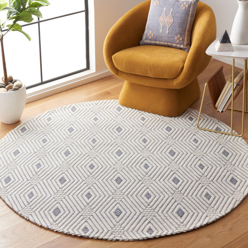 Tapis géométrique en laine / polyester tissé à la main Manya en blanc / bleu, Rond 6 pi