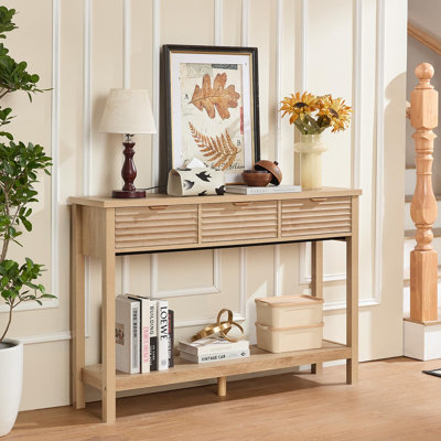 Fluted Wood Console Table with 3 Drawers