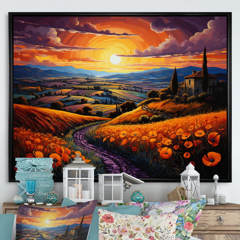 Italy Umbrian Sunrise - Italy Canvas Wall Art, H 16 po x l 32 po x P 1 po, Cadre flottant noir
