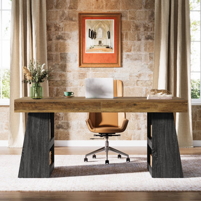 55" Executive Computer Desk With Storage Shelves & Drawer, Large Wooden Home Office Desk With Double Trapezoid Base