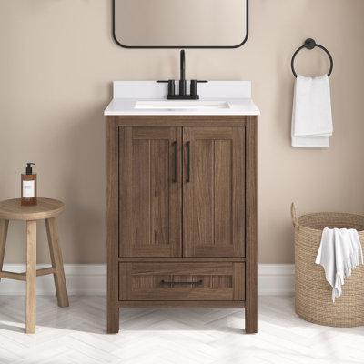 Meuble-lavabo simple lavabo OVE Kansas 61 cm (24 po) en noyer épicé, comptoir en pierre reconstituée blanc tourterelle, quincaillerie noire mate
